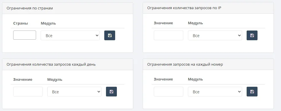Лимиты по модулям в личном кабинете GREENSMS